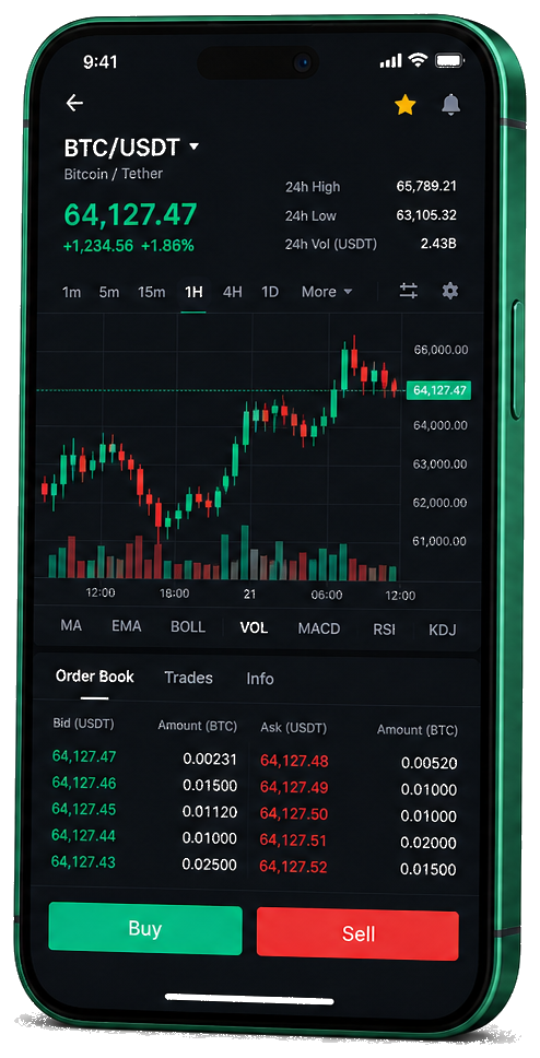 Mobilní aplikace Trenvio Neaural pro obchodování – živý graf BTC/USDT, kniha objednávek a nástroje pro nákup i prodej